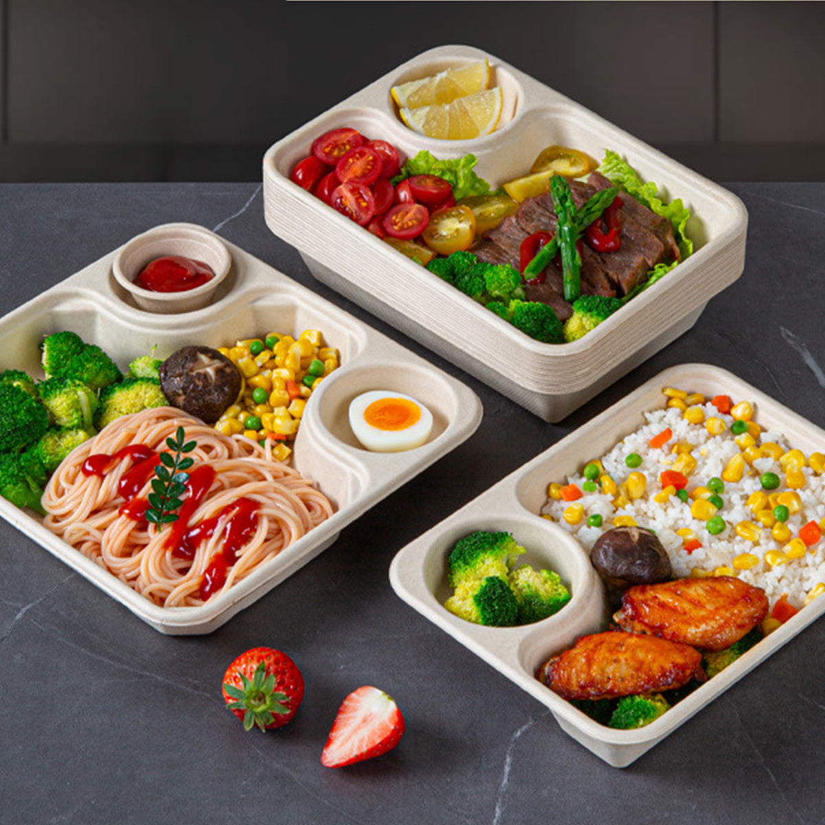 Disposable Salad Boxes with Sauce Cups - Biodegradable Paper Pulp Takeout Containers  500 pcs