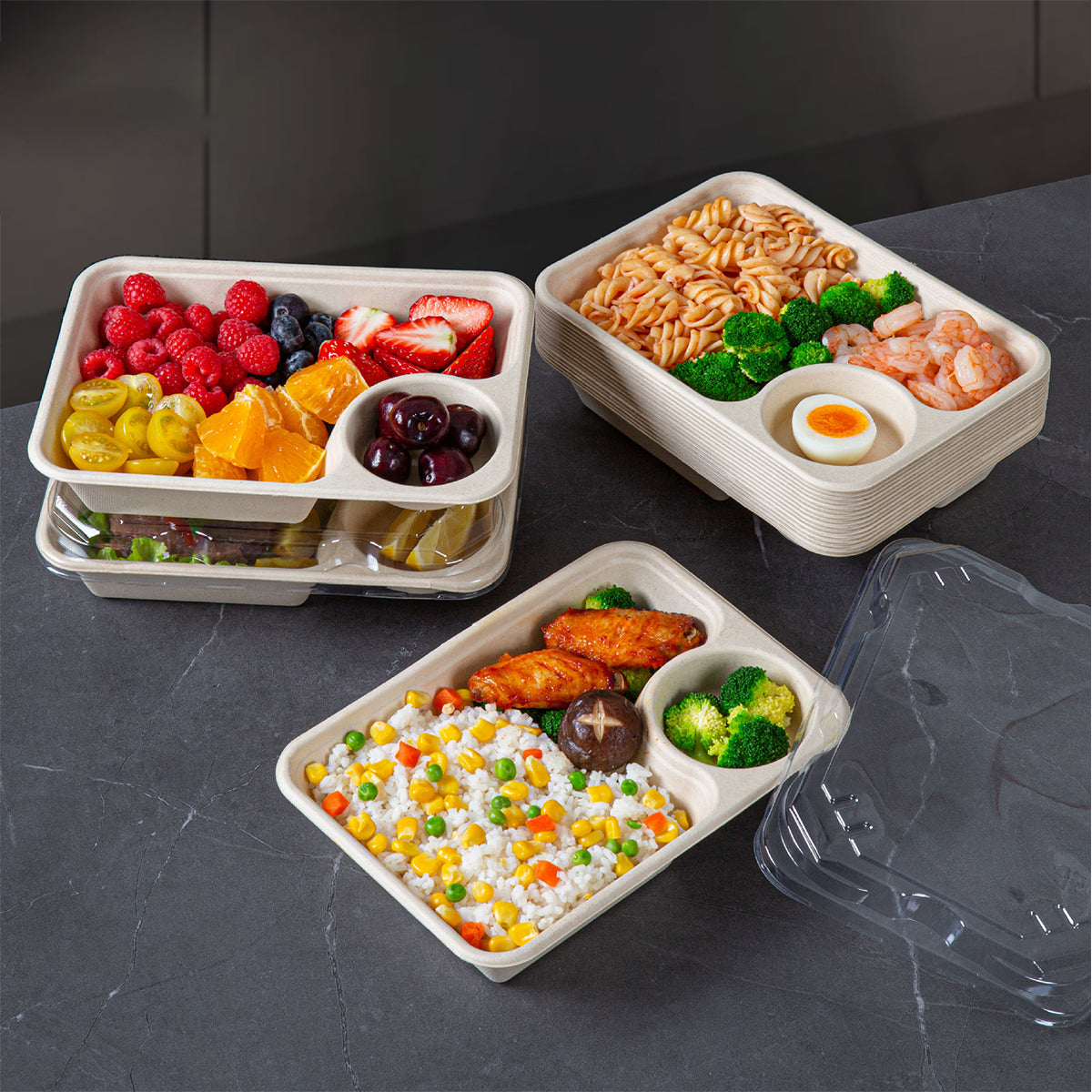 Disposable Salad Boxes with Sauce Cups - Biodegradable Paper Pulp Takeout Containers  500 pcs
