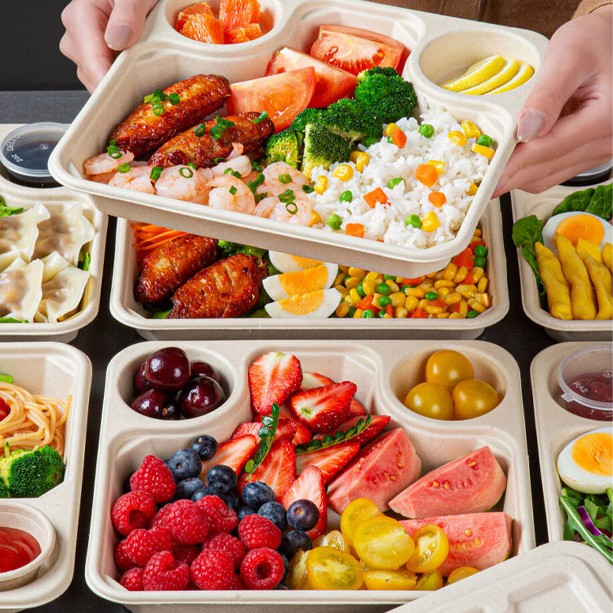 Disposable Salad Boxes with Sauce Cups - Biodegradable Paper Pulp Takeout Containers  500 pcs