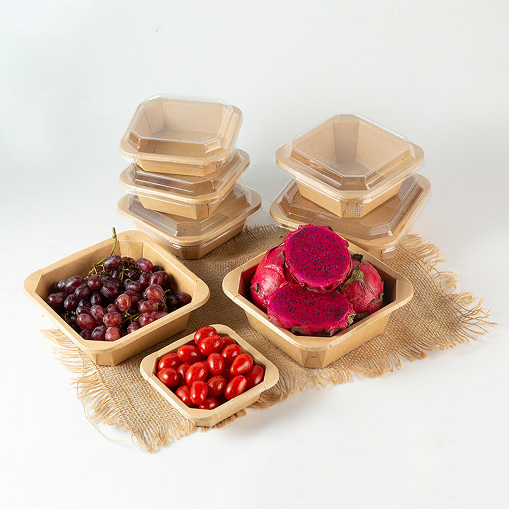 Kraft Paper Square Octagonal Disposable Bowls with Lids - Eco-Friendly Food Containers