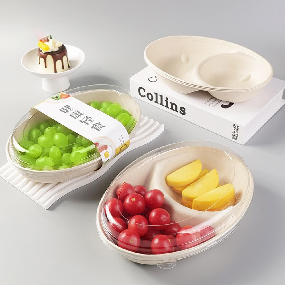 Disposable Oval Takeout Containers with PET Lids - Paper Pulp Fast Food Boxes 850ml