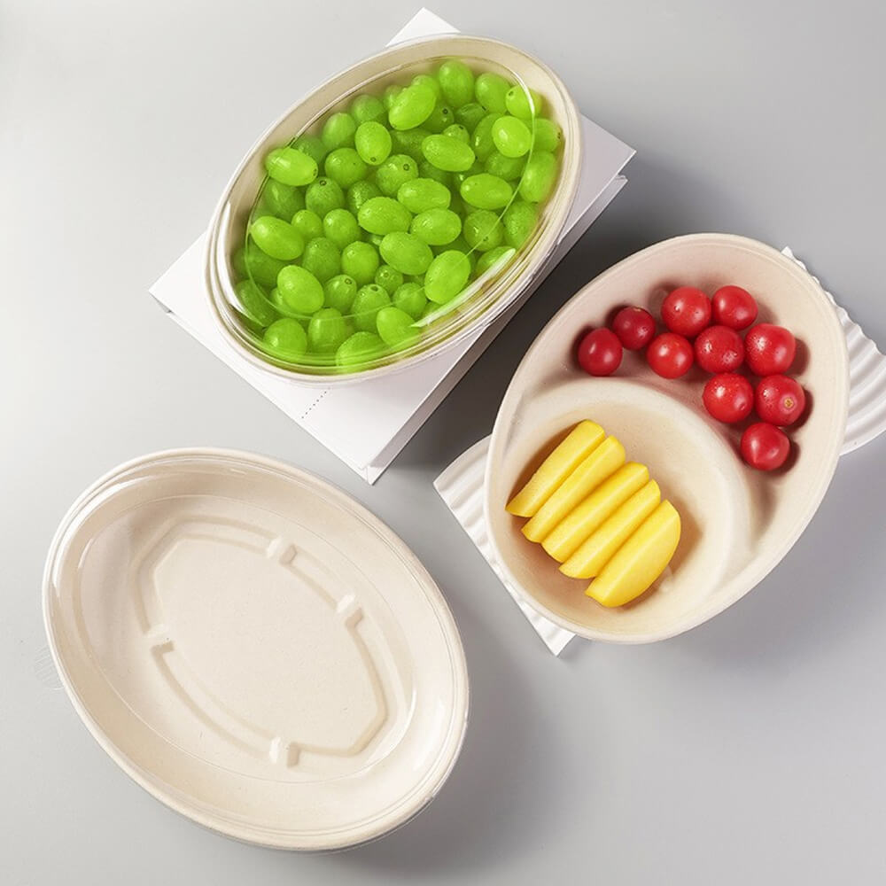 Disposable Oval Takeout Containers with PET Lids - Paper Pulp Fast Food Boxes 850ml