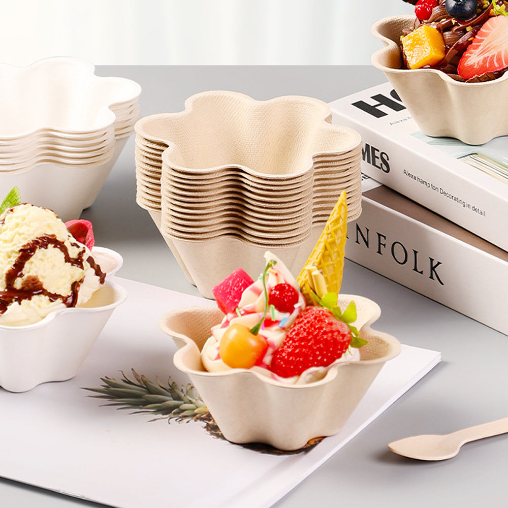 Biodegradable Sugarcane Pulp Food Bowls - Petal & Plum Blossom Design 6oz | 1000pcs