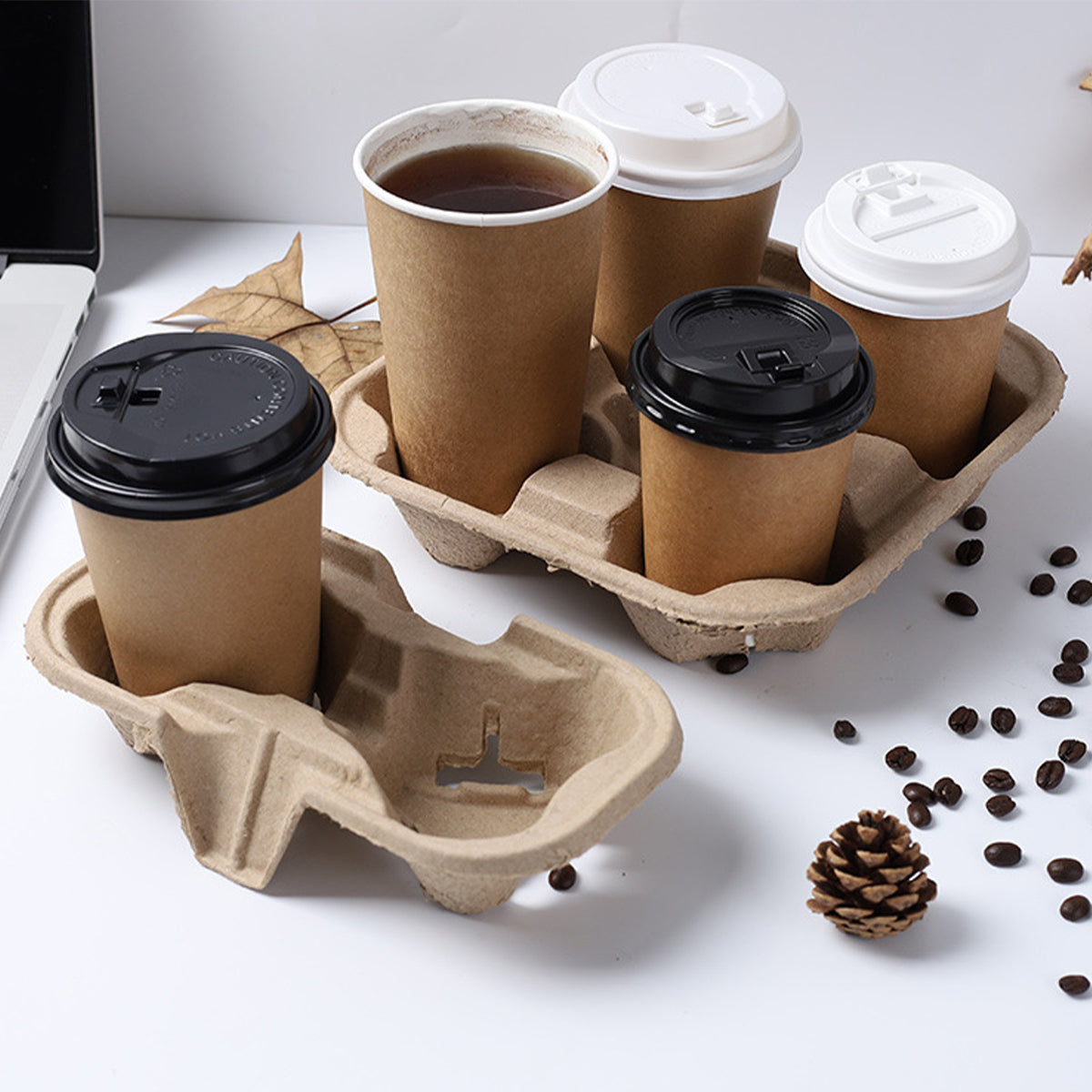 Disposable Biodegradable Coffee & Bubble Tea Cup Carriers - Eco-Friendly Takeout Holders