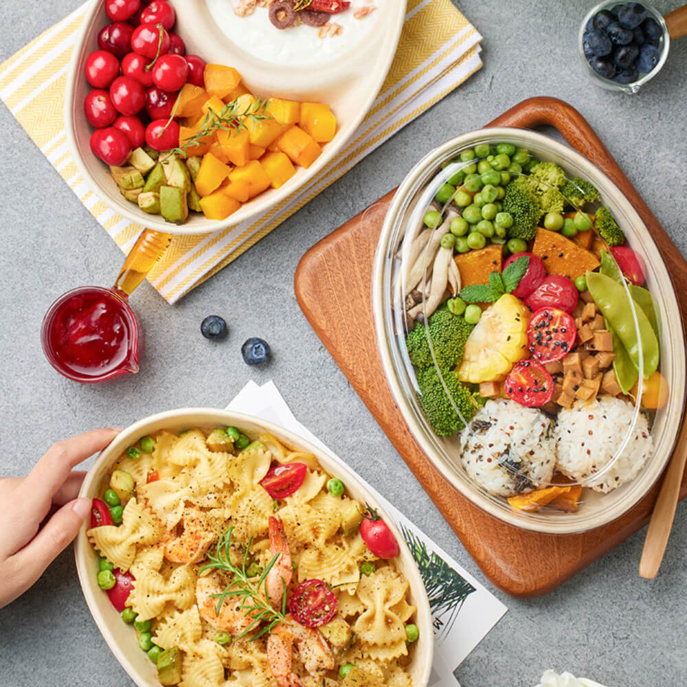 Biodegradable Oval Light Meal Containers - Fitness Salad Boxes with Optional PET Lids